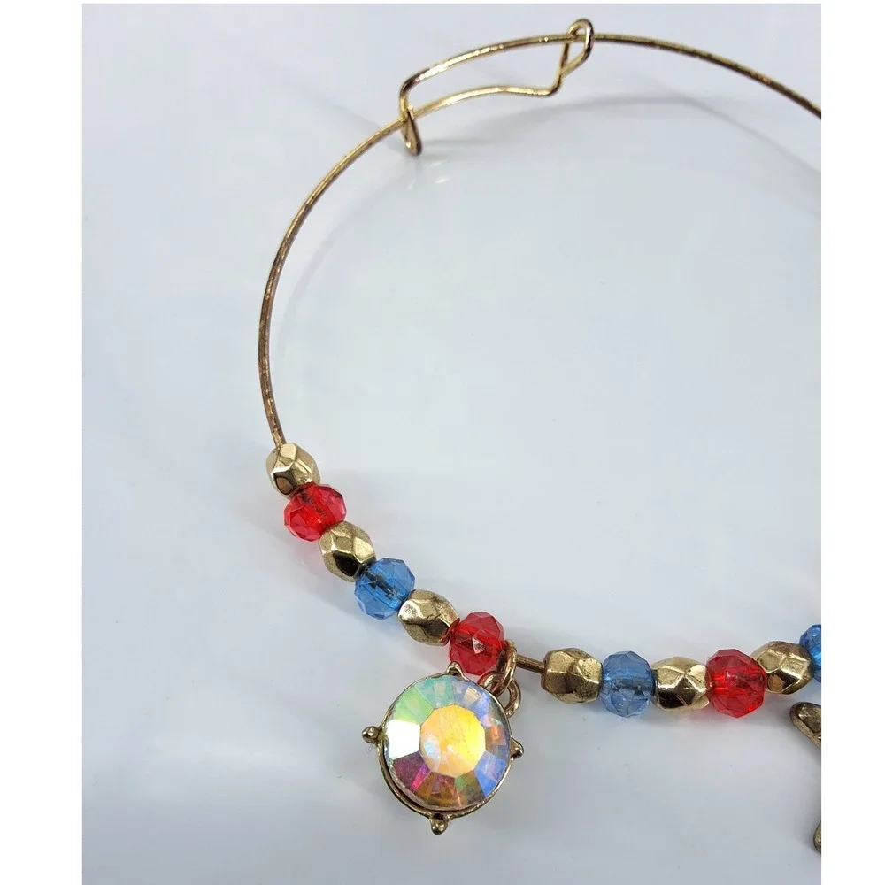 Patriotic Gold Tone Charm‎ Bangle Bracelet Red Blue Beads Star Heart AB Crystal